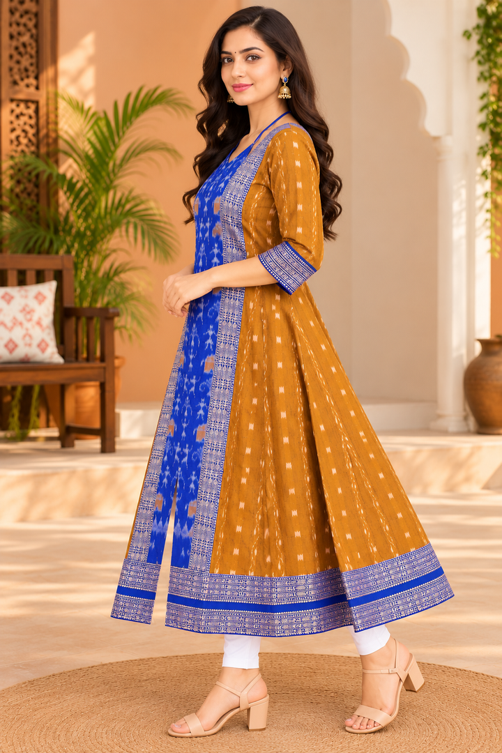 Women’s Mustard Yellow Sambalpuri Ikat Anarkali Kurti with Royal Blue Border