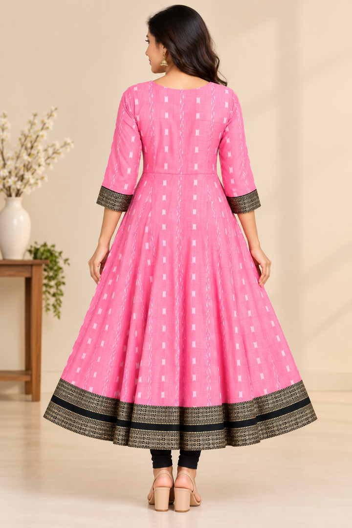 Women’s Pink Sambalpuri Ikat Flared Anarkali Kurti with Black Gold Border