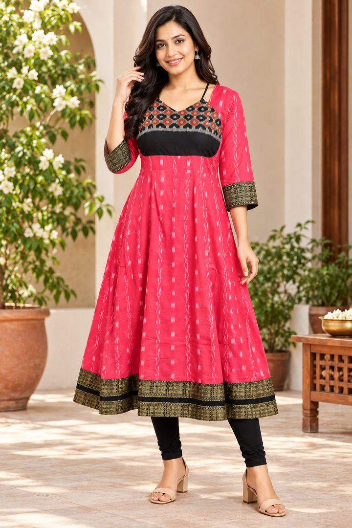 Women’s Pink Sambalpuri Ikat Anarkali Kurti with Black and Antique Gold Border