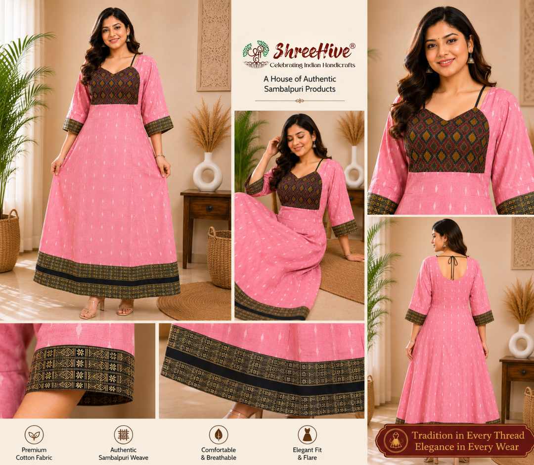Sambalpuri Designer Flared Blush Pink Gown Sweetheart Neck with Black Tie Strap