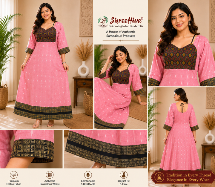 Sambalpuri Designer Flared Blush Pink Gown Sweetheart Neck with Black Tie Strap