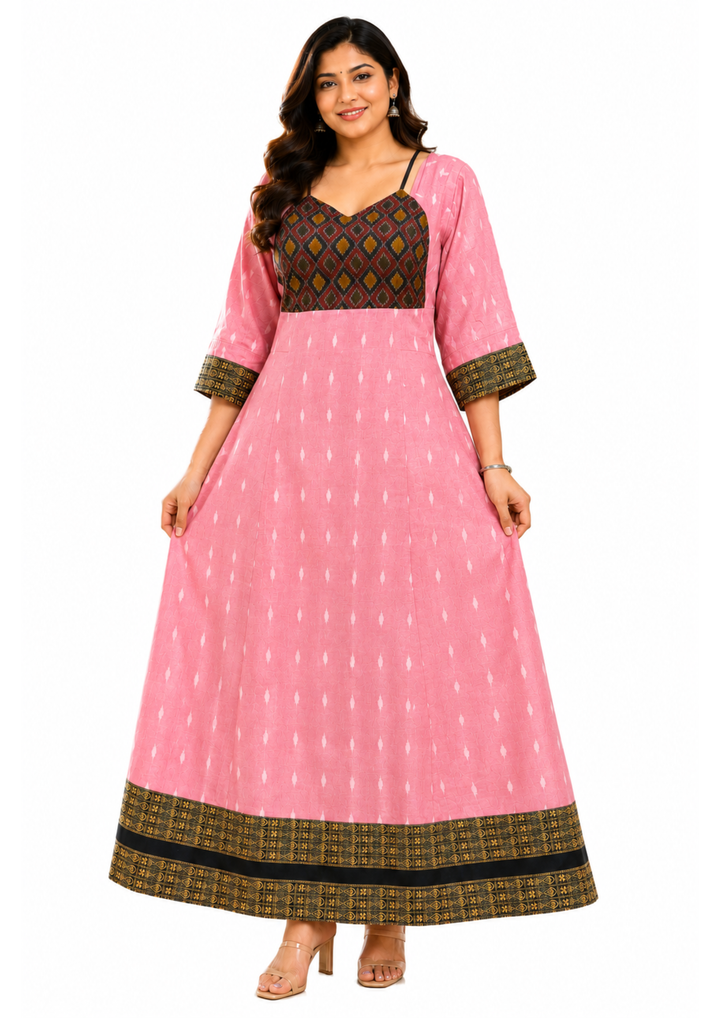 Sambalpuri Designer Flared Blush Pink Gown Sweetheart Neck with Black Tie Strap