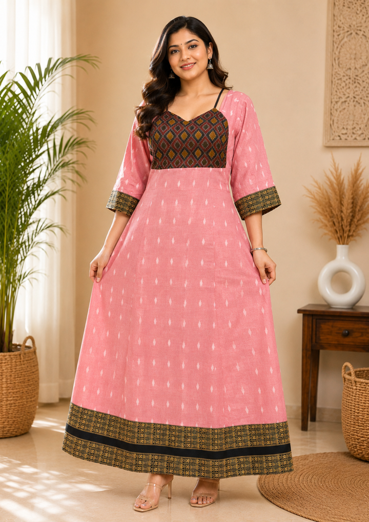 Sambalpuri Designer Flared Blush Pink Gown Sweetheart Neck with Black Tie Strap