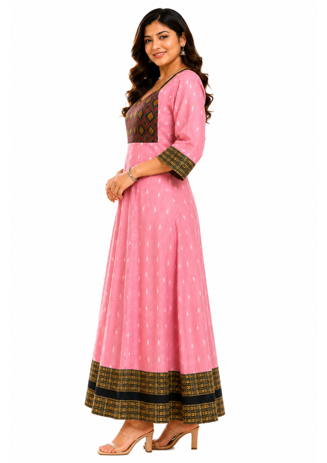 Sambalpuri Designer Flared Blush Pink Gown Sweetheart Neck with Black Tie Strap