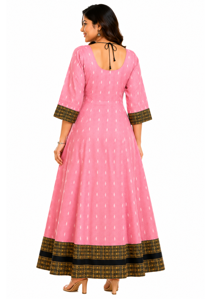 Sambalpuri Designer Flared Blush Pink Gown Sweetheart Neck with Black Tie Strap