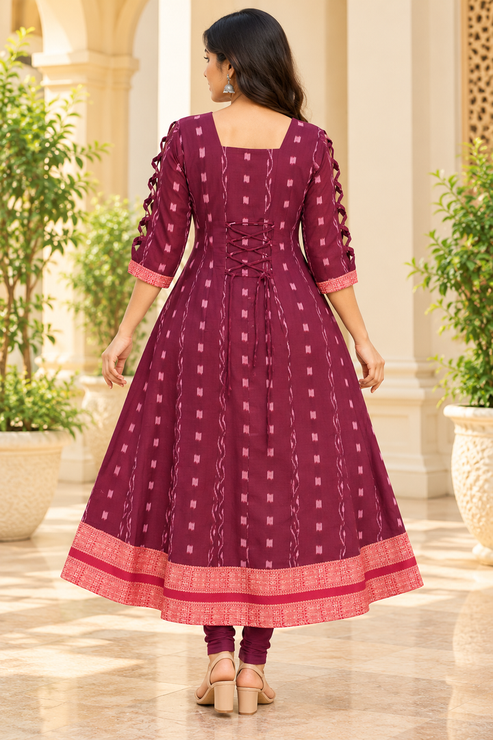Women’s Plum Purple &amp; Peach Pink Sambalpuri-Inspired Designer Anarkali Kurti