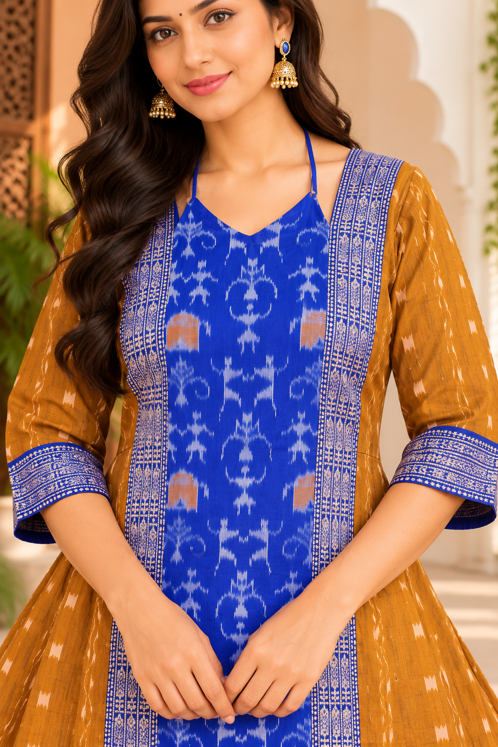 Women’s Mustard Yellow Sambalpuri Ikat Anarkali Kurti with Royal Blue Border