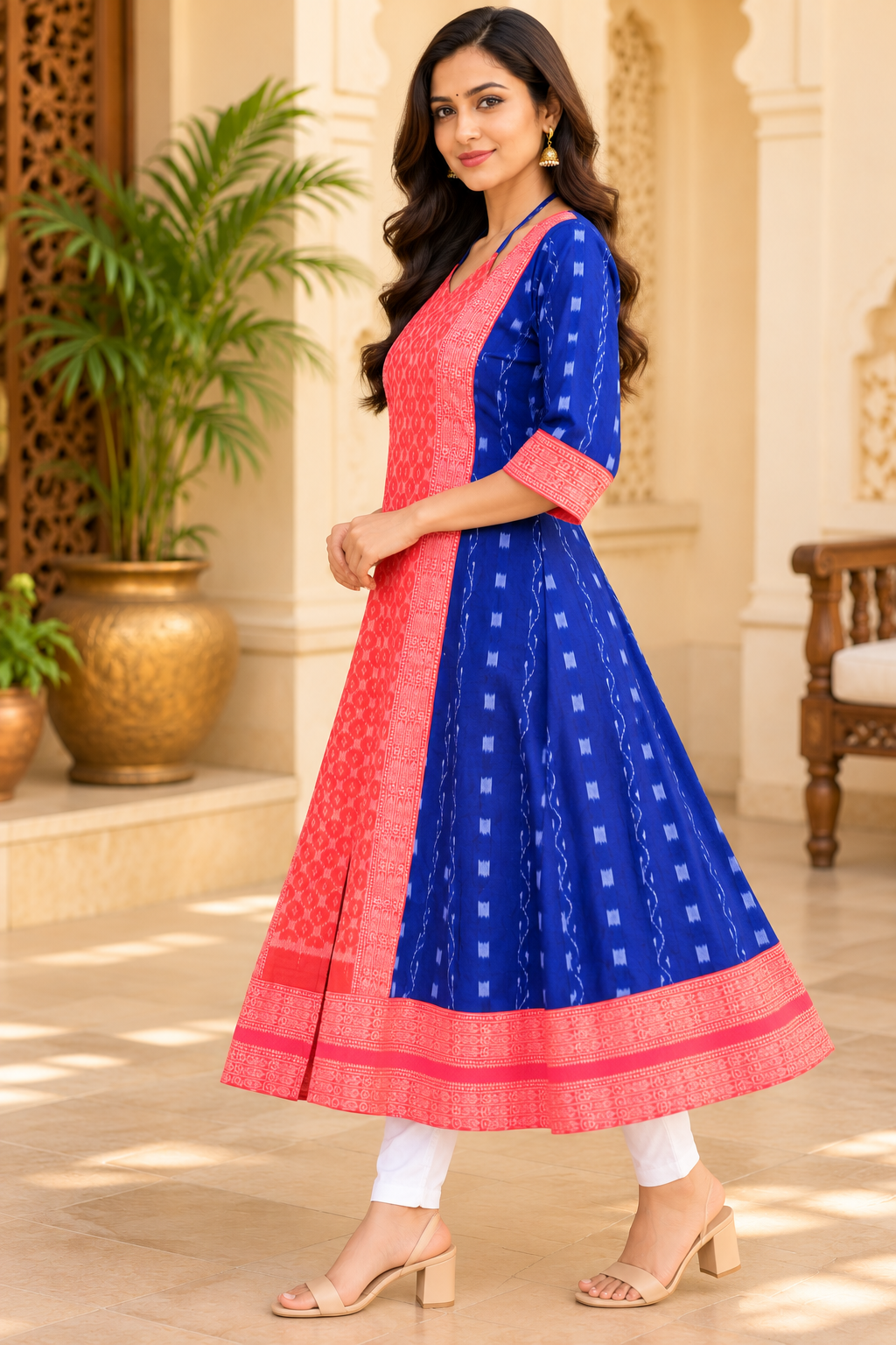 Women’s Royal Blue Sambalpuri Ikat Anarkali Kurti with Coral Pink Border
