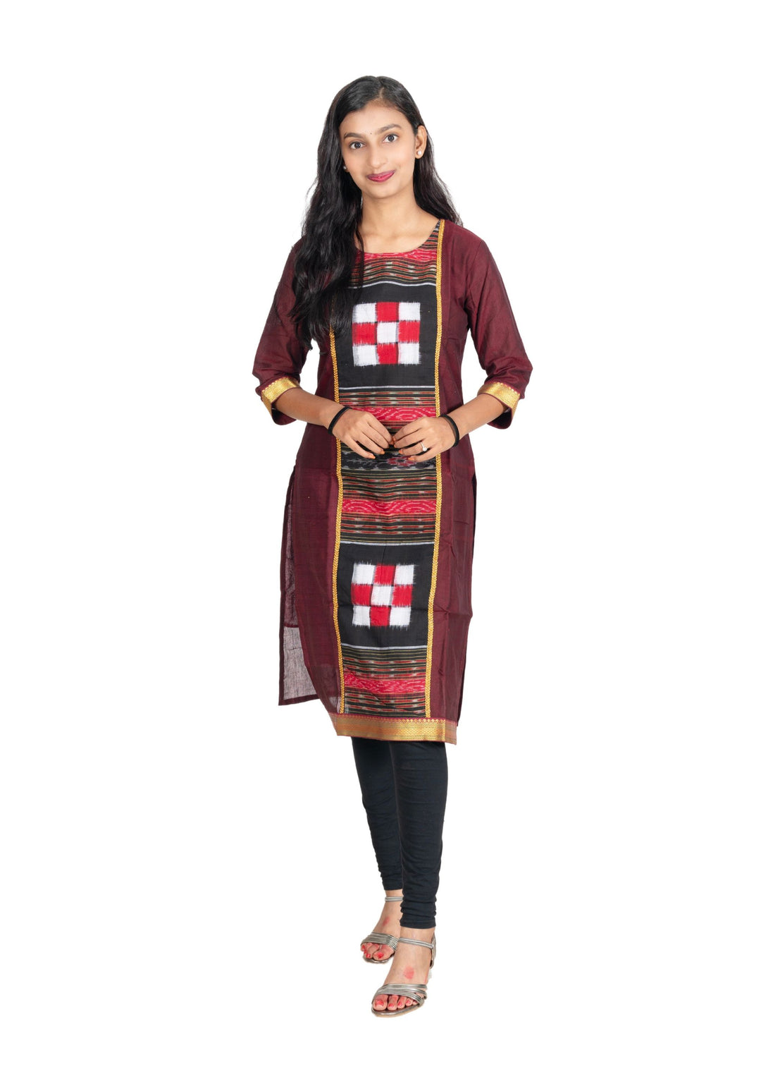 Sambalpuri Women's Kurti - Lace work Cotton Kurta in Dark Coffee