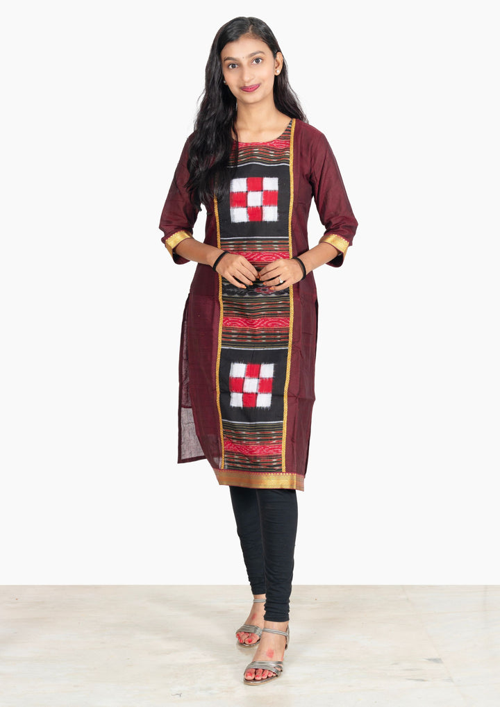 Sambalpuri Women's Kurti - Lace work Cotton Kurta in Dark Coffee