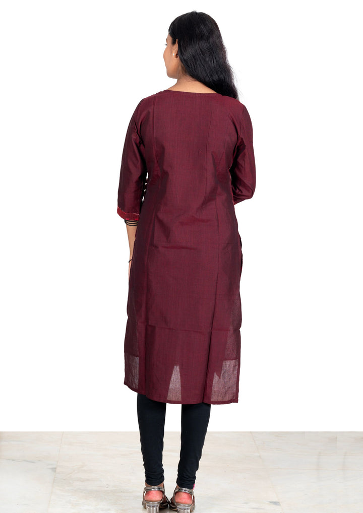 Sambalpuri Women's Kurti - Lace work Cotton Kurta in Dark Coffee