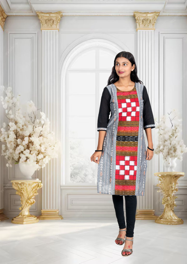 Sambalpuri Women's Kurti - Bichitrapuri Design Pure Cotton Kurta in Grey & Black