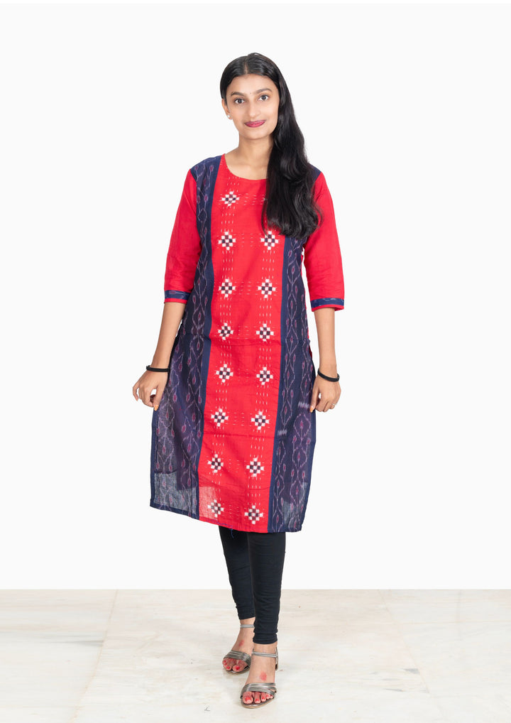 Sambalpuri Women's Kurti - Hand-woven Cotton Straight Kurta in Red & Blue