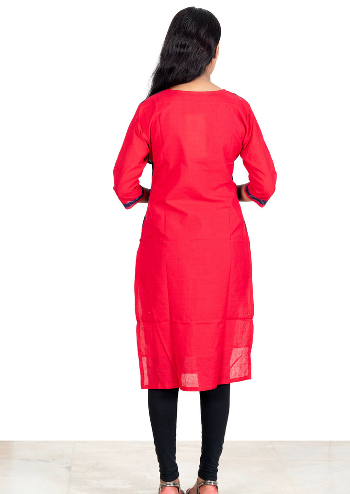 Sambalpuri Women's Kurti - Hand-woven Cotton Straight Kurta in Red & Blue