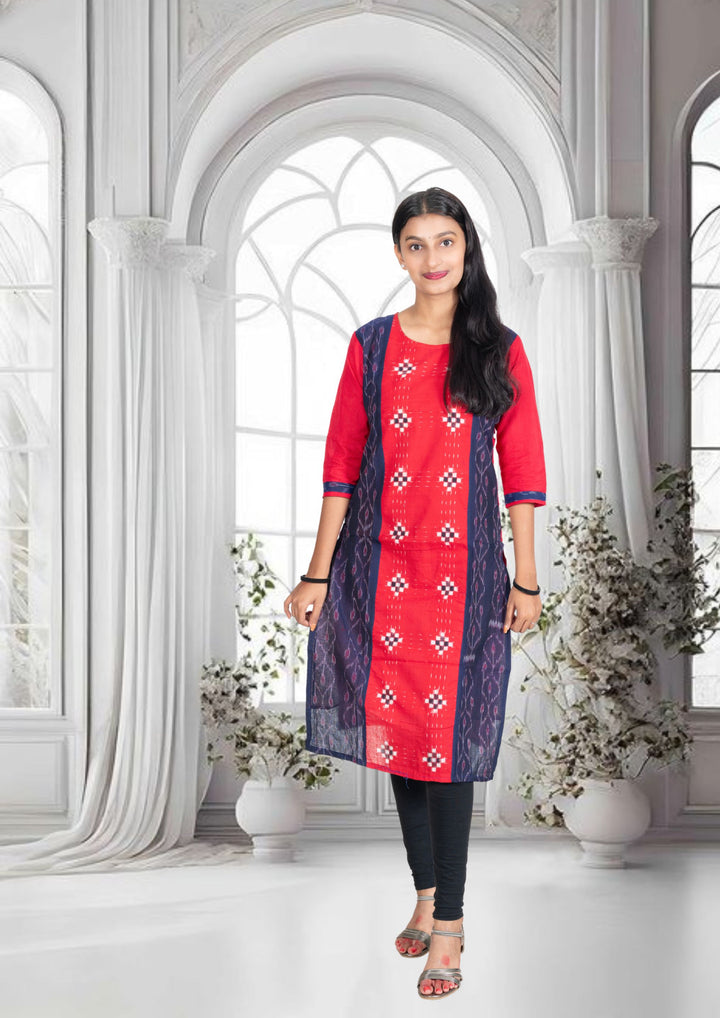 Sambalpuri Women's Kurti - Hand-woven Cotton Straight Kurta in Red & Blue