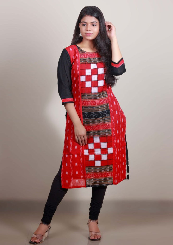 Sambalpuri Women's Kurti - Hand-woven Red Bichitrapuri Design