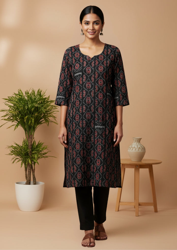 Sambalpuri Women's Kurti -   Black Paper Heritage Design Ikkat Kurti
