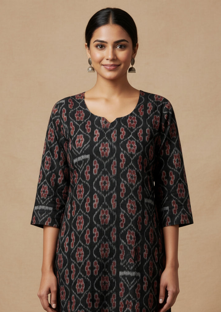 Sambalpuri Women's Kurti -   Black Paper Heritage Design Ikkat Kurti