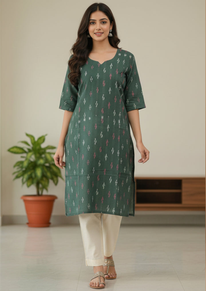 Sambalpuri Women's Kurti -   Green  Small Pasapalli Design Ikkat Kurti