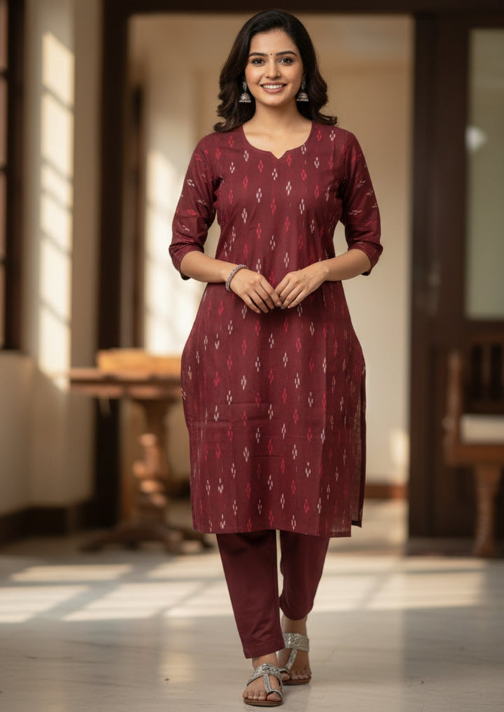 Sambalpuri Women's Kurti -   Maroon Small Pasapalli Design Ikkat Kurti