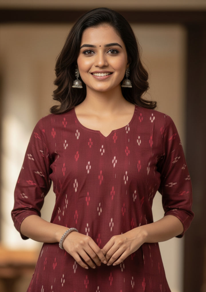 Sambalpuri Women's Kurti -   Maroon Small Pasapalli Design Ikkat Kurti