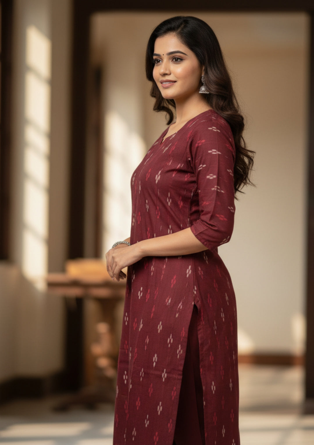 Sambalpuri Women's Kurti -   Maroon Small Pasapalli Design Ikkat Kurti
