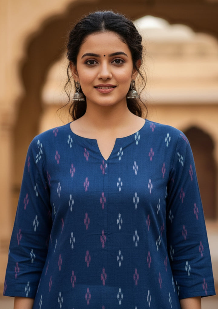 Sambalpuri Women's Kurti -   Blue Small Pasapalli Design Ikkat Kurti