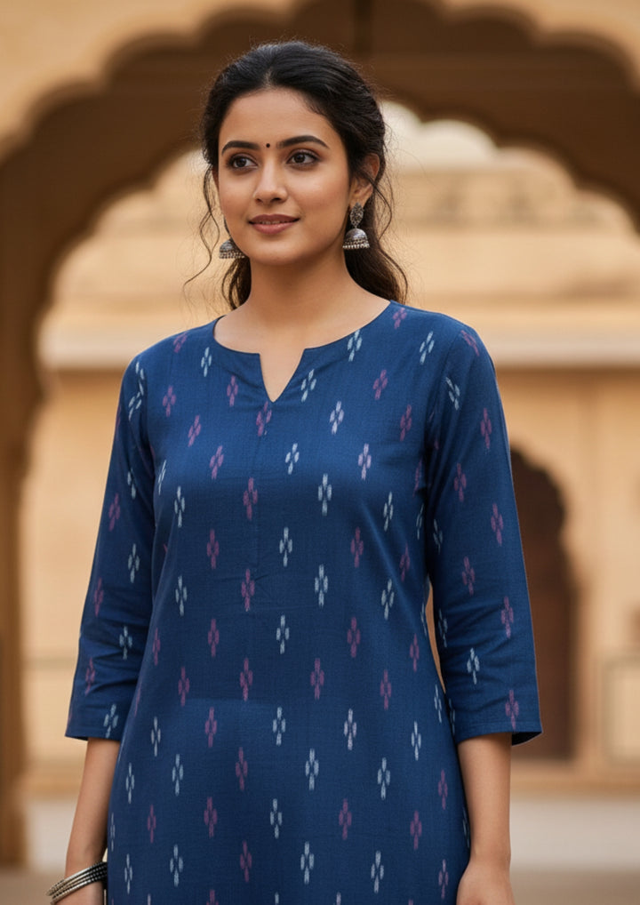 Sambalpuri Women's Kurti -   Blue Small Pasapalli Design Ikkat Kurti