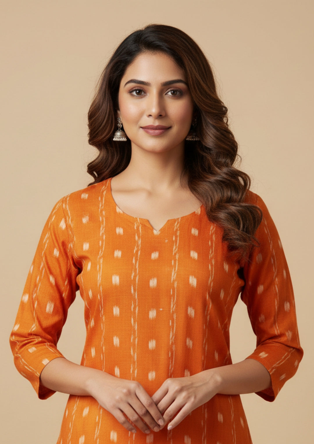Sambalpuri Women's Kurti - Orange Stripped Dali Tippa Design Ikkat Kurti
