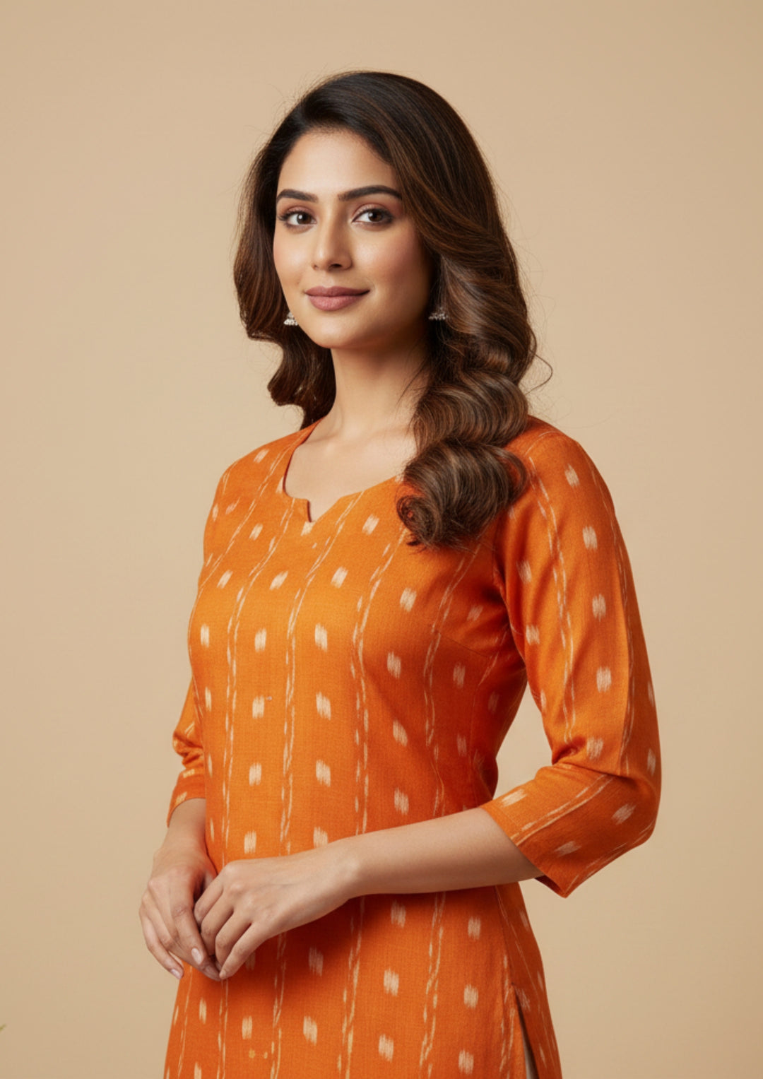 Sambalpuri Women's Kurti - Orange Stripped Dali Tippa Design Ikkat Kurti