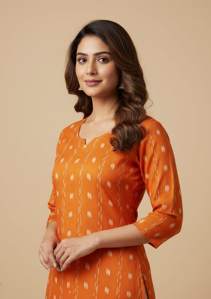 Sambalpuri Women's Kurti - Orange Stripped Dali Tippa Design Ikkat Kurti