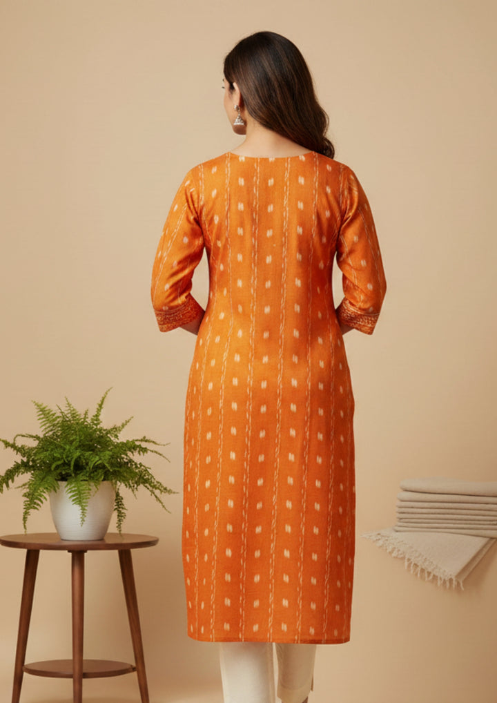 Sambalpuri Women's Kurti - Orange Stripped Dali Tippa Design Ikkat Kurti
