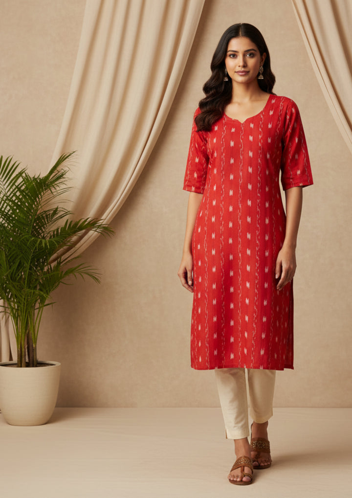 Sambalpuri Women's Kurti - Red Dali Tippa Design ikkat Kurti
