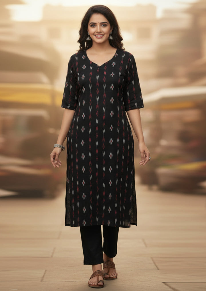 Sambalpuri Women's Kurti -  Black Tree Pasapalli Design Ikkat Kurti