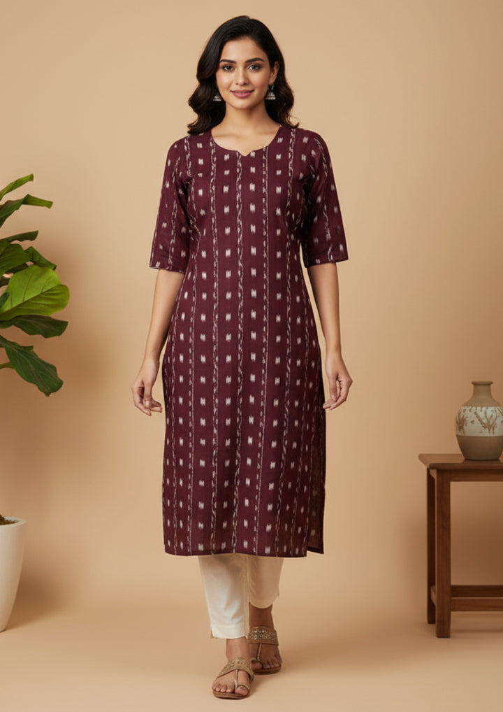 Sambalpuri Women's Kurti - Coffee Striped Dali Tippa Design ikkat  Kurti