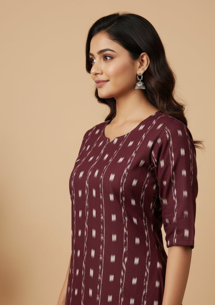 Sambalpuri Women's Kurti - Coffee Striped Dali Tippa Design ikkat  Kurti