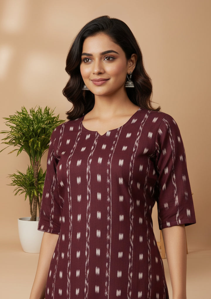 Sambalpuri Women's Kurti - Coffee Striped Dali Tippa Design ikkat  Kurti