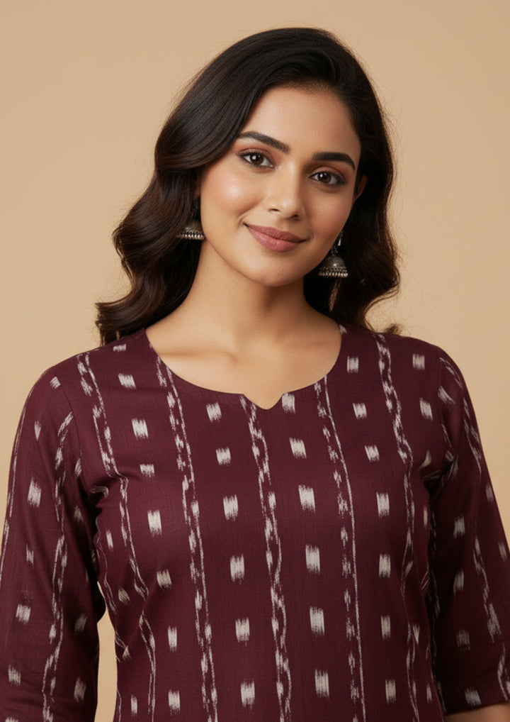 Sambalpuri Women's Kurti - Coffee Striped Dali Tippa Design ikkat  Kurti