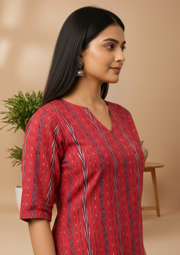 Sambalpuri Women's Kurti - Rani Red Heritage Design Ikkat Kurti