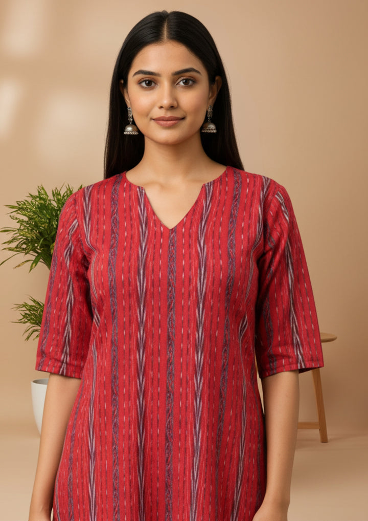 Sambalpuri Women's Kurti - Rani Red Heritage Design Ikkat Kurti