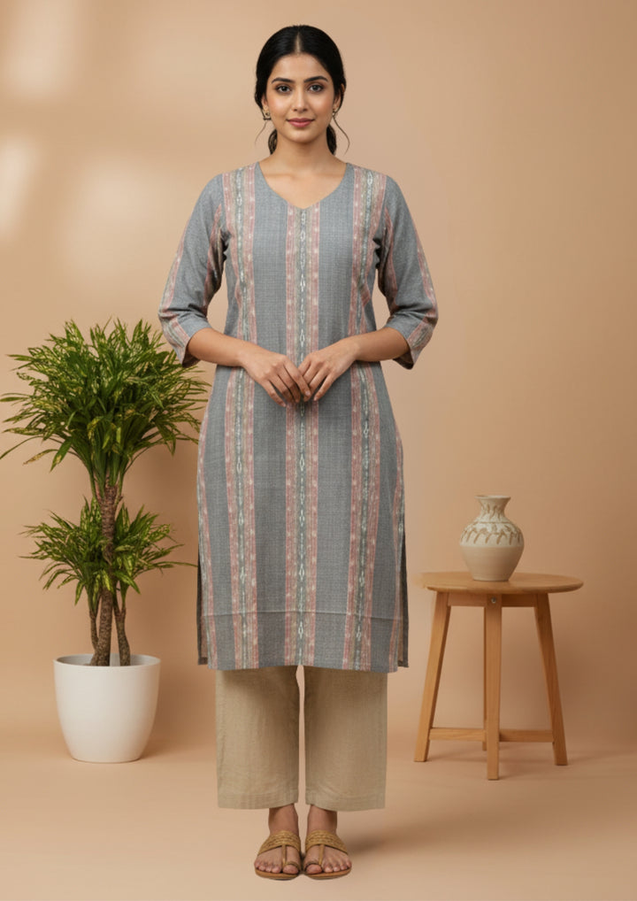 Sambalpuri Women's Kurti - Misty Grey Graceful Design Ikkat Kurti