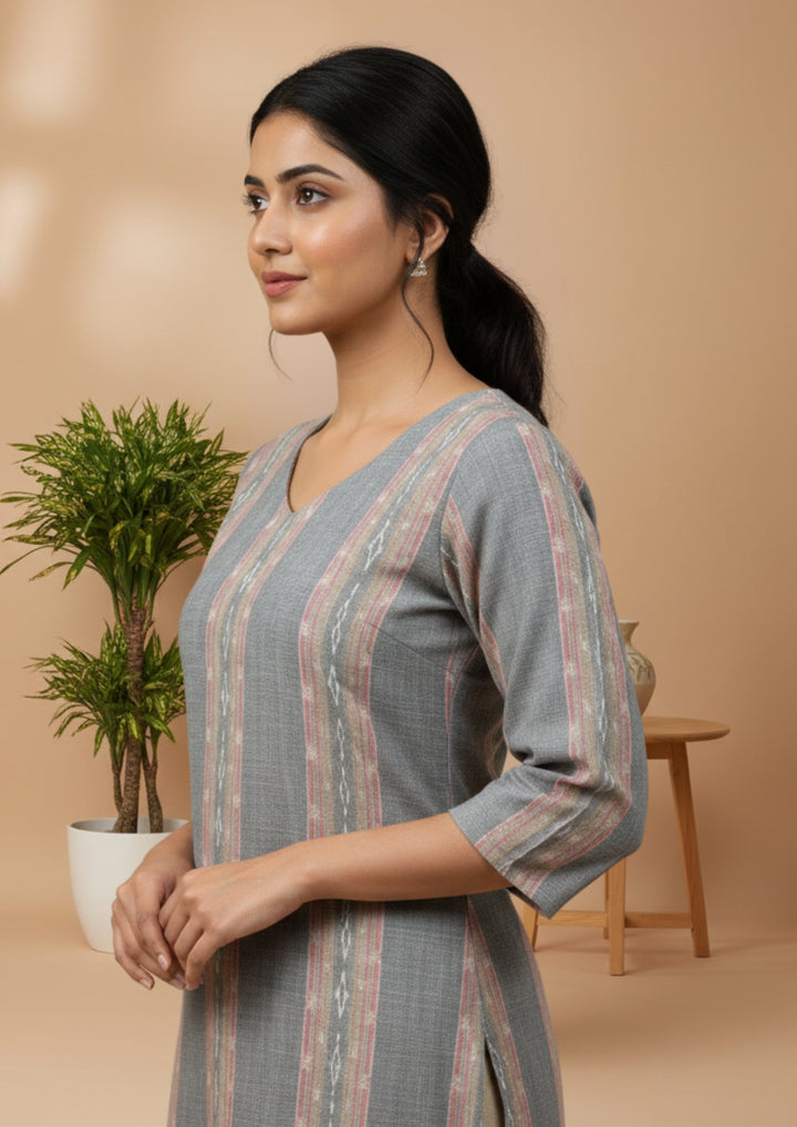 Sambalpuri Women's Kurti - Misty Grey Graceful Design Ikkat Kurti