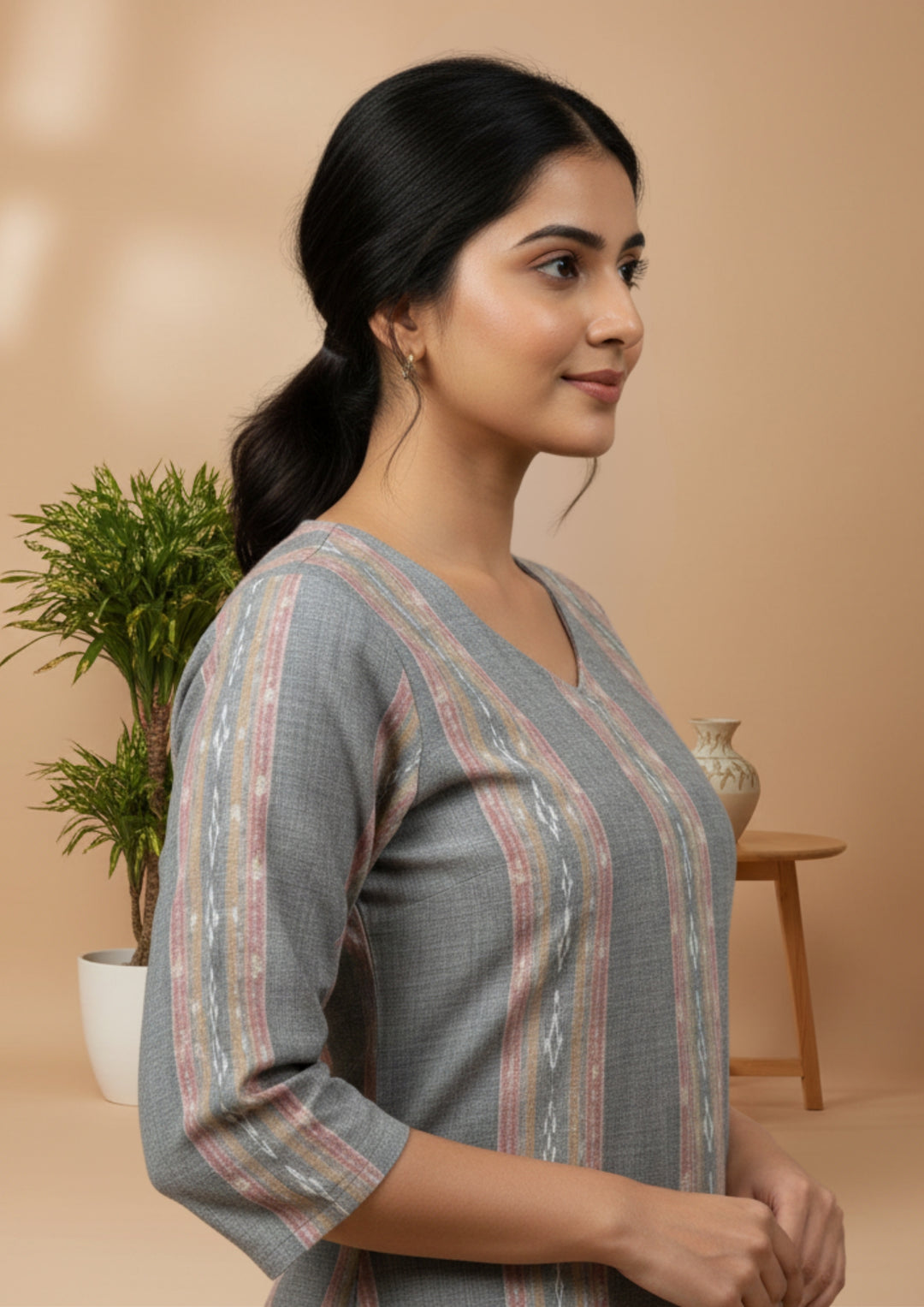 Sambalpuri Women's Kurti - Misty Grey Graceful Design Ikkat Kurti