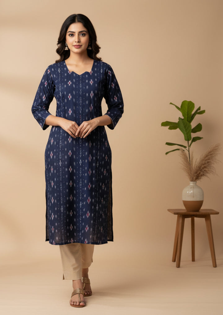 Sambalpuri Women's Kurti -  Navy Blue Heritage Design Ikkat Kurti