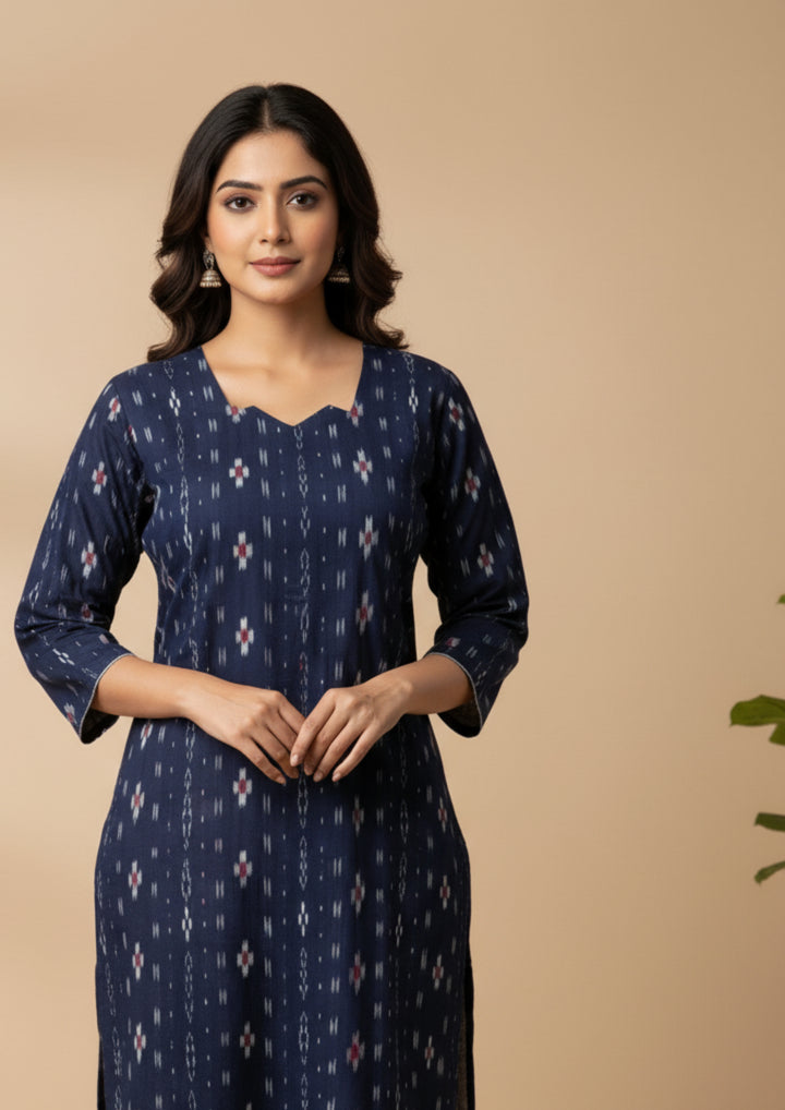 Sambalpuri Women's Kurti -  Navy Blue Heritage Design Ikkat Kurti