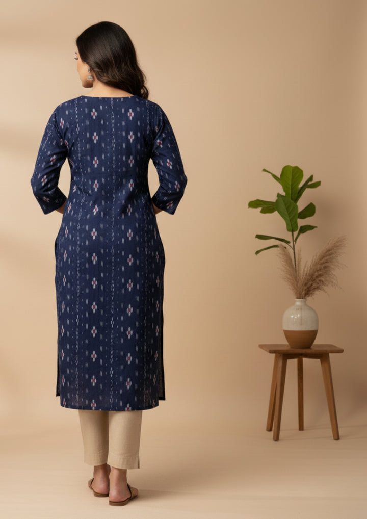 Sambalpuri Women's Kurti -  Navy Blue Heritage Design Ikkat Kurti