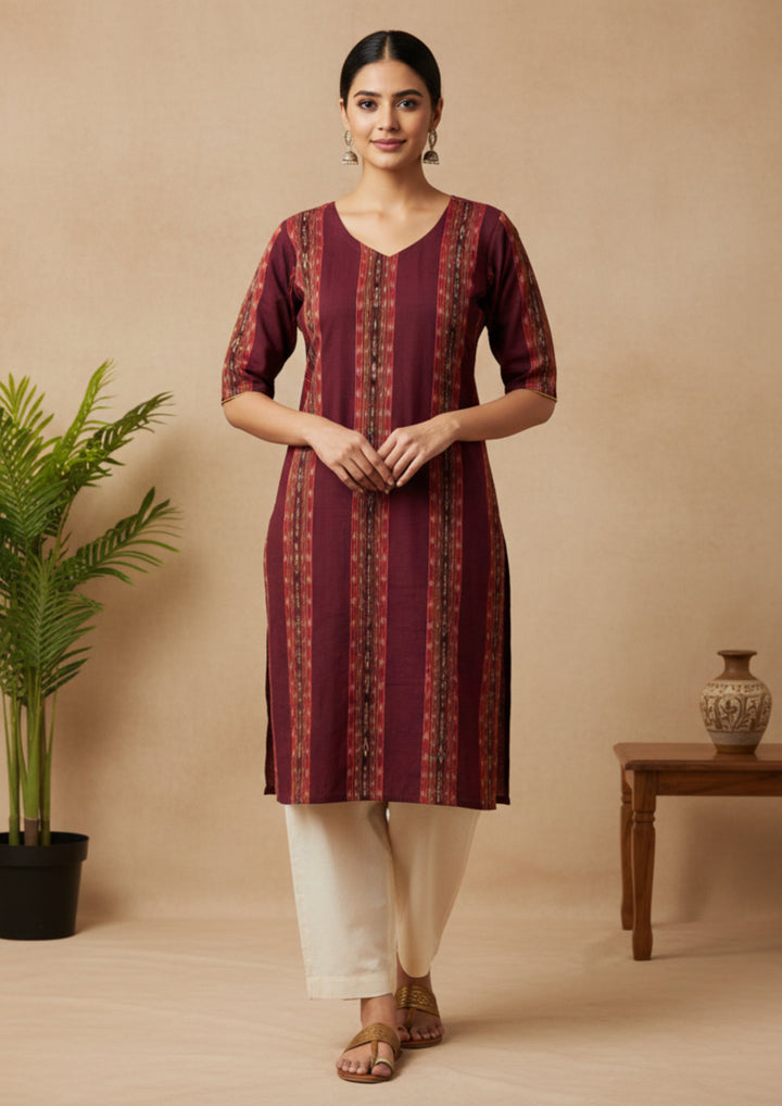 Sambalpuri Women's Kurti -  Maroon Stripe Heritage Design Ikkat Kurti