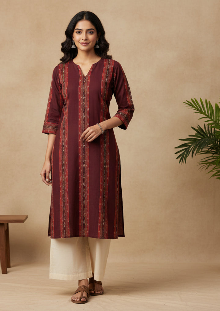 Sambalpuri Women's Kurti -  Maroon Stripe Heritage Design Ikkat Kurti