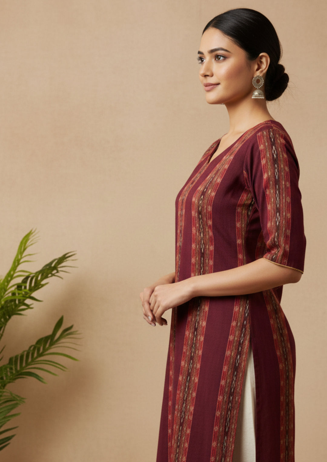 Sambalpuri Women's Kurti -  Maroon Stripe Heritage Design Ikkat Kurti