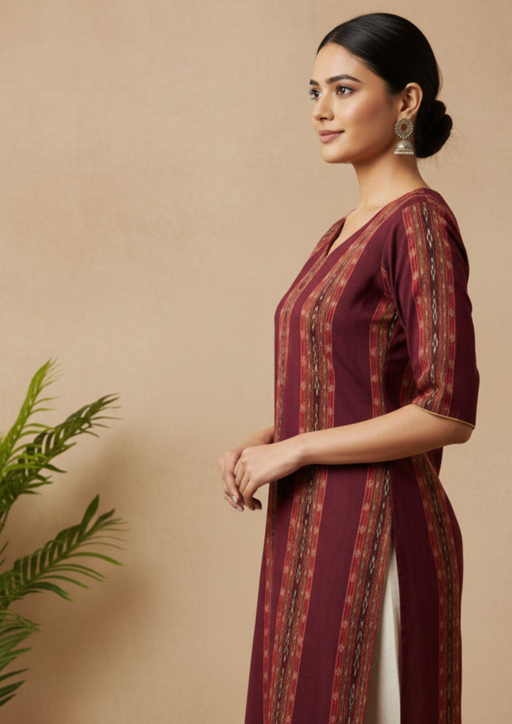 Sambalpuri Women's Kurti -  Maroon Stripe Heritage Design Ikkat Kurti